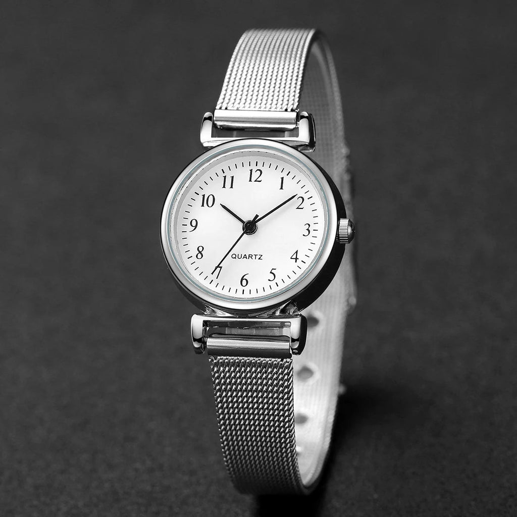 2PCS Fashion Arabic Dial Women Quartz Watch Steel Mesh Band Watches Opening Cuff Bracelet Bangle Set（Without Box） Jewelry Precision