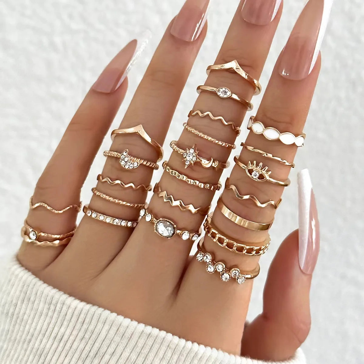 23PCS Fashion Luxury Shiny Zircon Wave Multi-Element Design Women's Ring Set Jewelry Precision