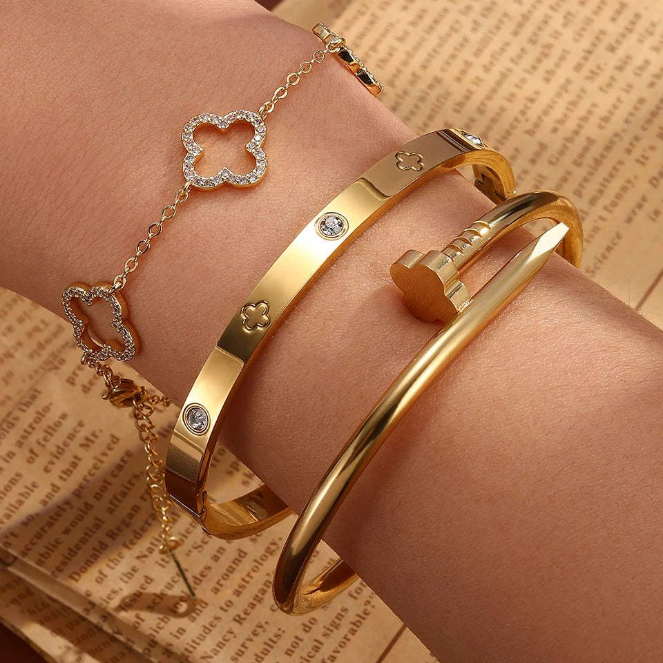 Yupsk 3Pcs Stainless Steel 18K Gold Plated Four-Leaf Flower Nails Stacked Bracelet Bangles Shiny Zircon Couple Jewelry Gift Jewelry Precision