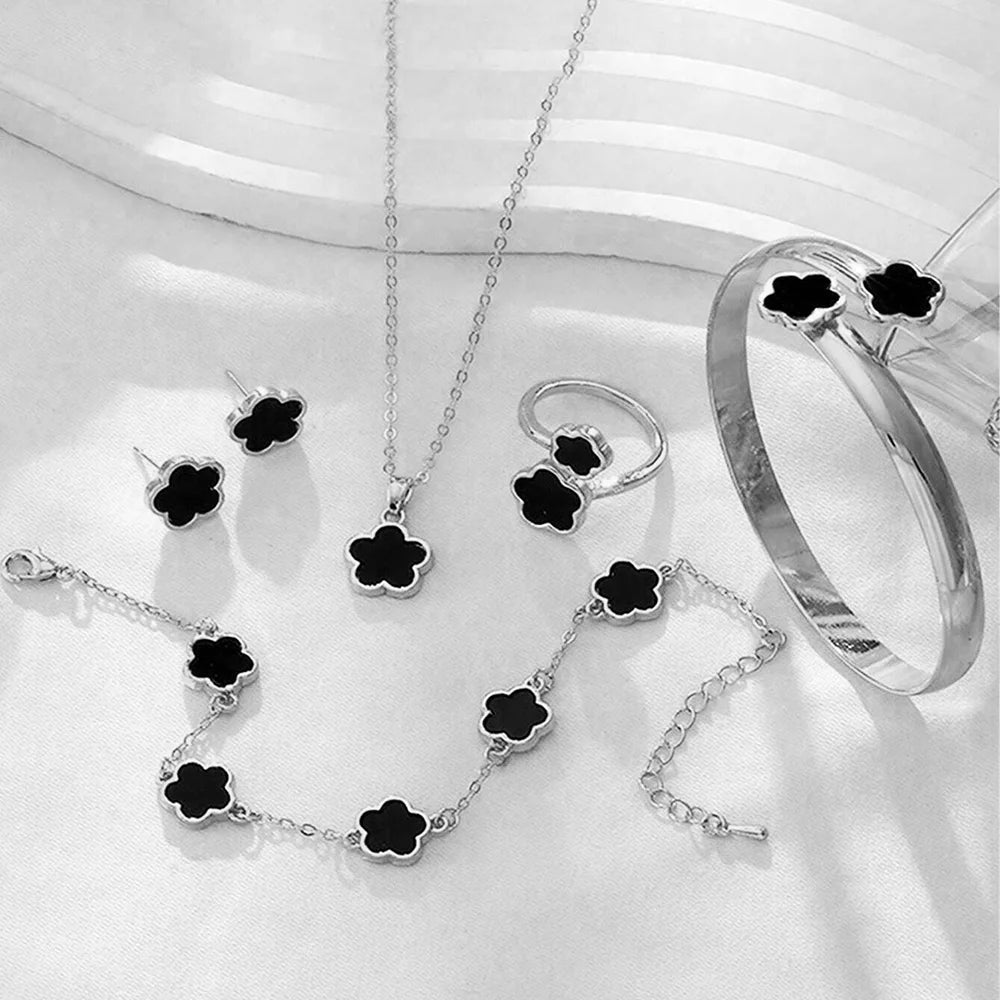 5pcs Lucky Five-petal Flower Women's Jewelry Set, Fashion Flower Bracelet + Necklace + Earrings + Bracelet + Ring, Birthday, Ann Jewelry Precision