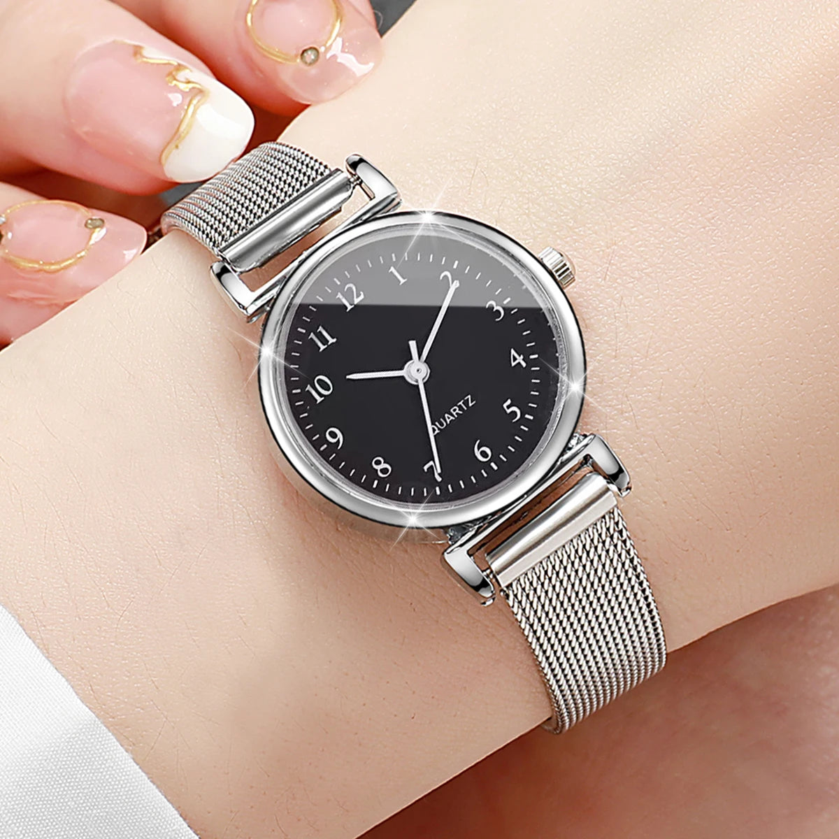 6PCS Fashion Women Watches Small Arabic Dial Quartz Watch Ladies Silver Mesh Band Wristwatches Jewelry Reloj Mujer（Without Box） Jewelry Precision