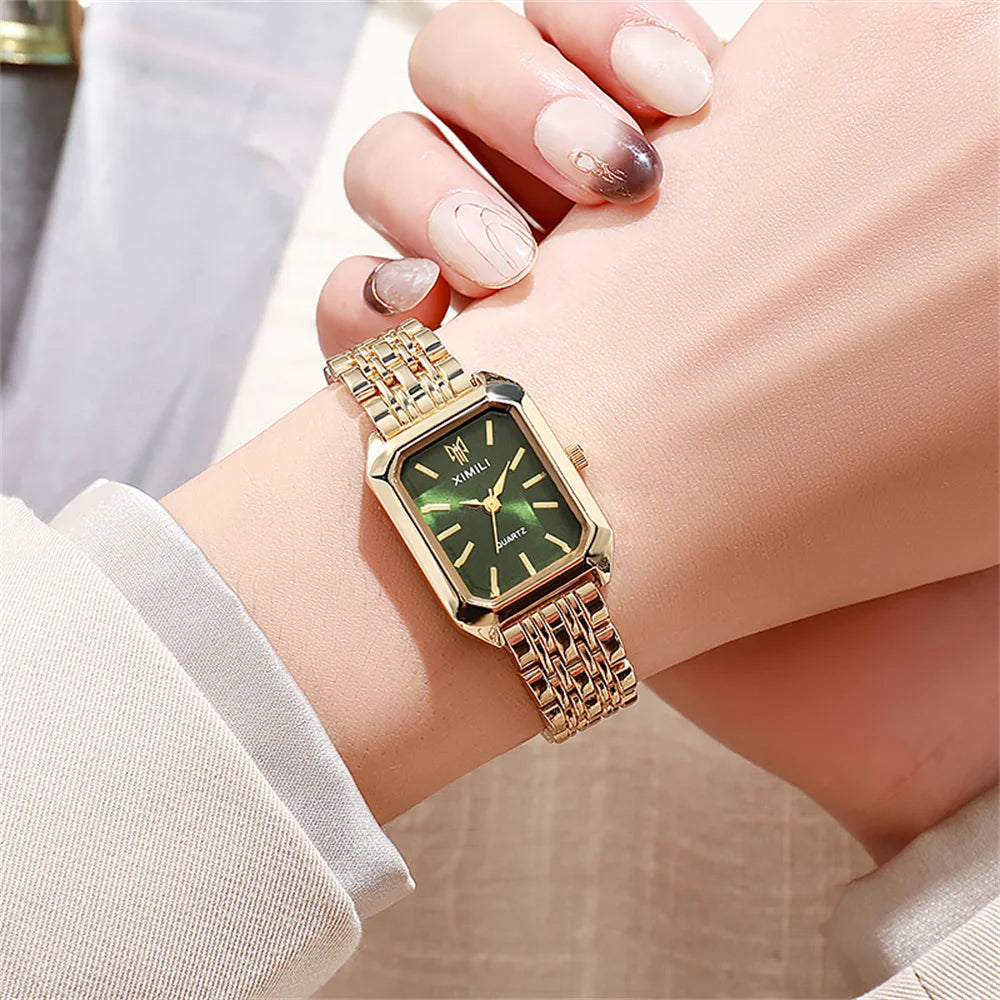 Luxury Ladies Fashion Quartz Watch Simple Scale Square Quality Gold Plated Women Watches Business Stainless Steel Folding Clock Jewelry Precision