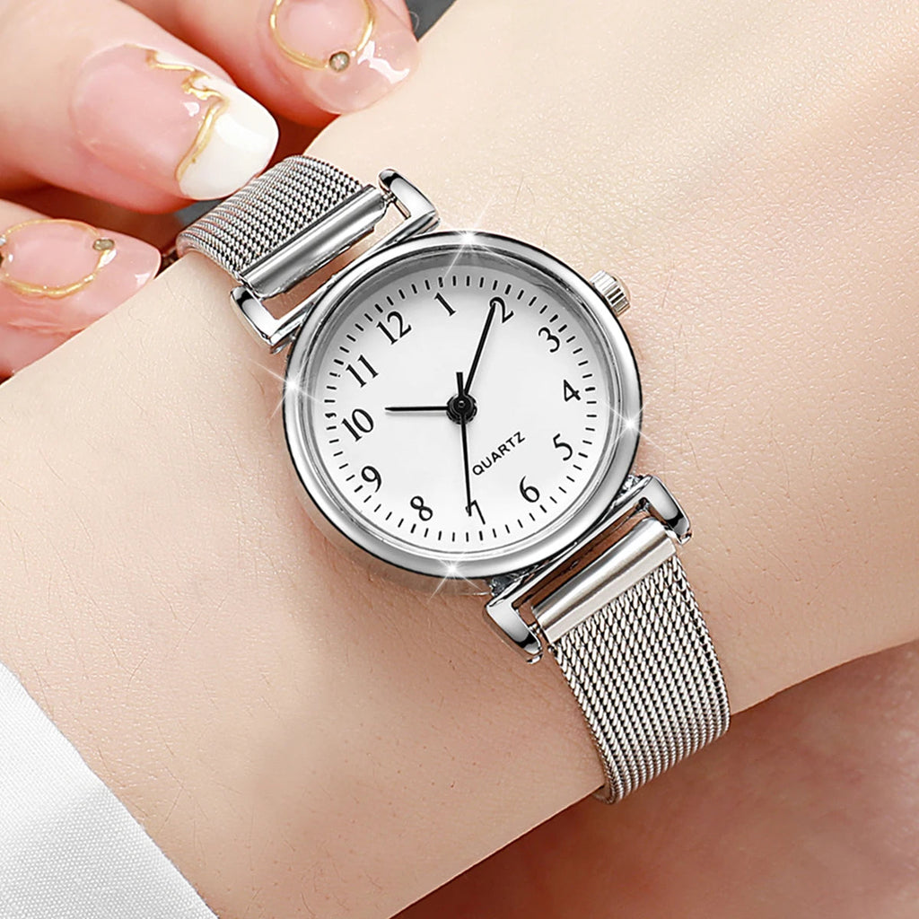 6PCS Fashion Women Watches Small Arabic Dial Quartz Watch Ladies Silver Mesh Band Wristwatches Jewelry Reloj Mujer（Without Box） Jewelry Precision