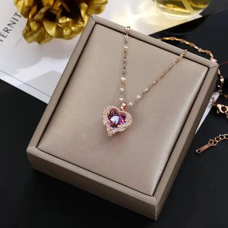 Top Luxury Colorful Crystal Ocean Heart Pendant Necklace For Women Trendy 316L Stainless Steel Jewelry Female Wedding Neck Chain Jewelry Precision