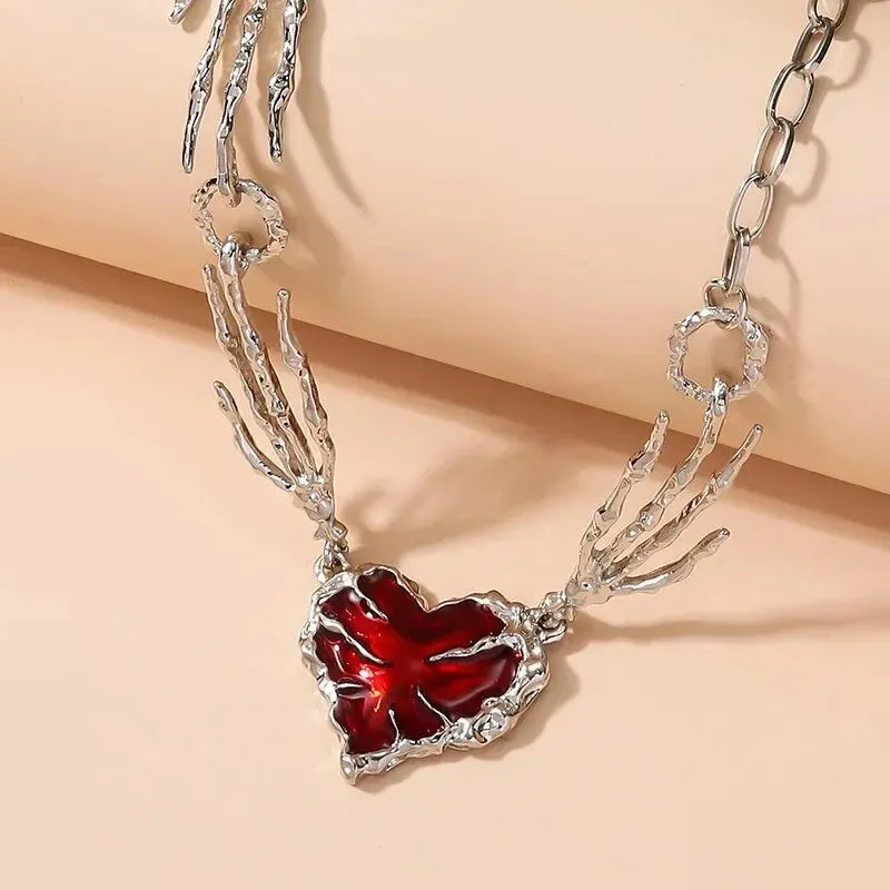 Heart Design Red Stone Hand Bone Shape Chain Women Men Necklace Ins Design Heart Style Charm Korean Chain Men Women Necklace Jewelry Precision