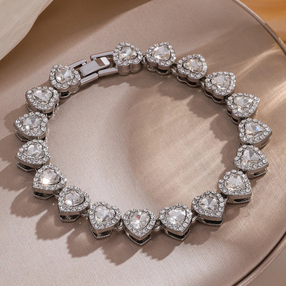 ZAKOL 3Pcs/Set Shiny Heart-shaped Rhinestone Stainless Steel Bracelet Jewelry Precision