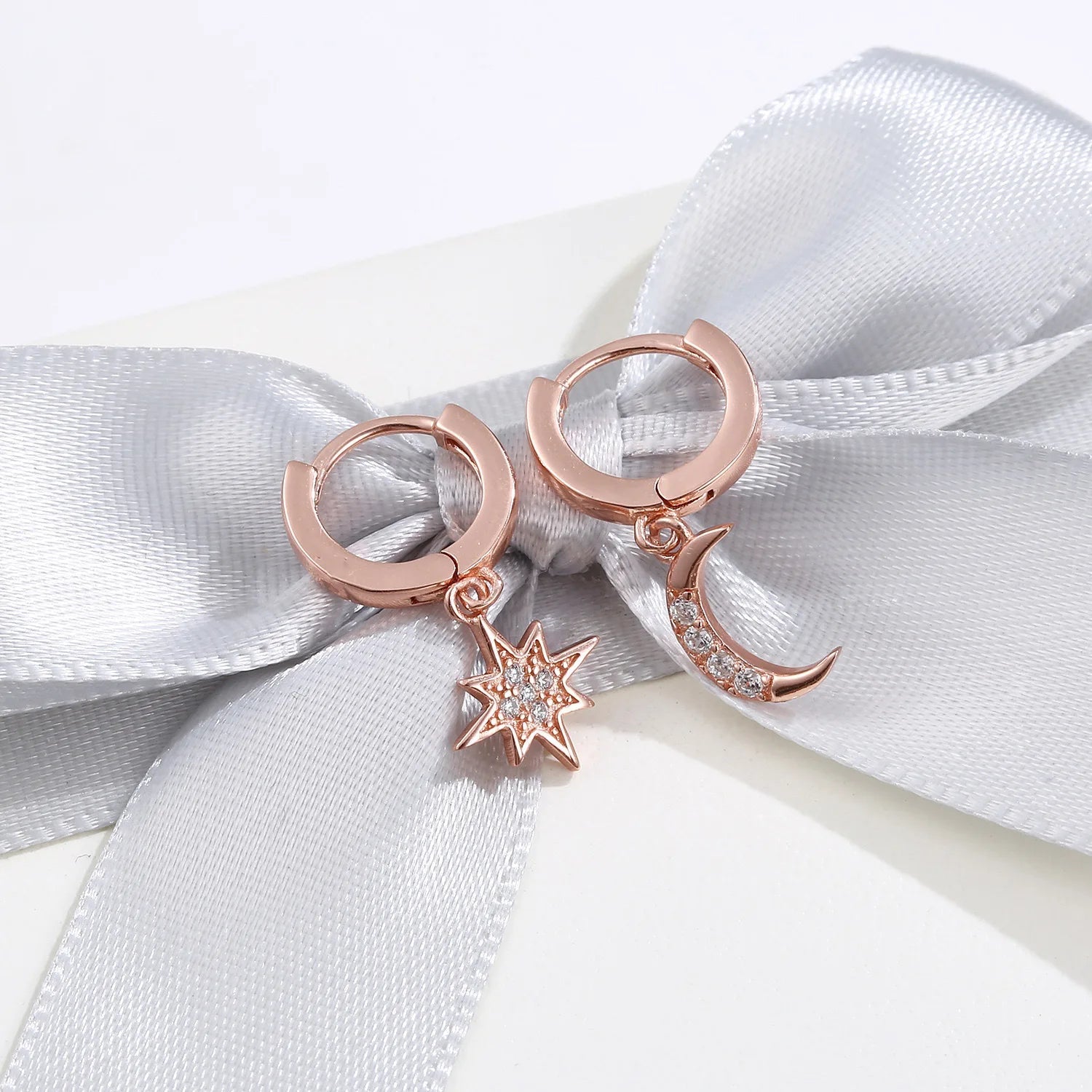 VENTFILLE 925 Sterling Silver CZ Star Moon Asymmetric Hoop Earrings for Women Girls Gold Silver Color Party Jewelry Gifts Jewelry Precision