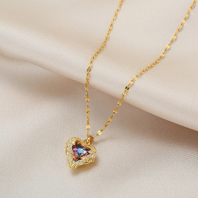 Top Luxury Colorful Crystal Ocean Heart Pendant Necklace For Women Trendy 316L Stainless Steel Jewelry Female Wedding Neck Chain Jewelry Precision