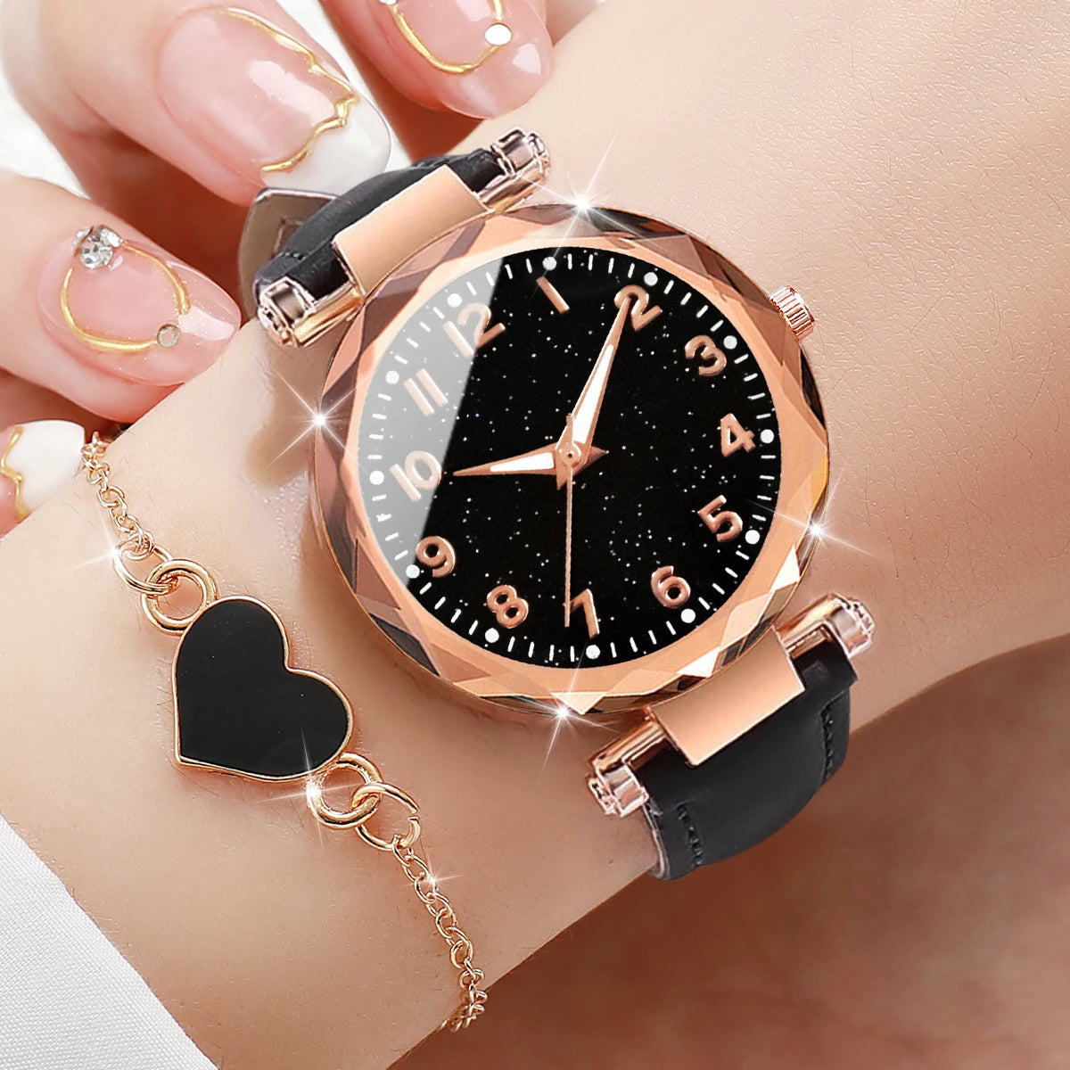 2PCS/Set Fashion Starry Sky Dial Women Watch Leather Band Quartz Watches Heart Bracelet Set Jewelry Precision