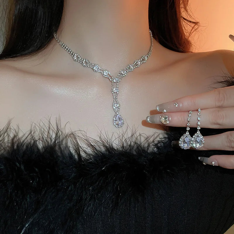 Water Droplets U-shaped Necklace Drop Earrings Two Piece Set Fashion Necklaces Inlaid Rhinestone Jewelry Sets Wedding Gift Jewelry Precision