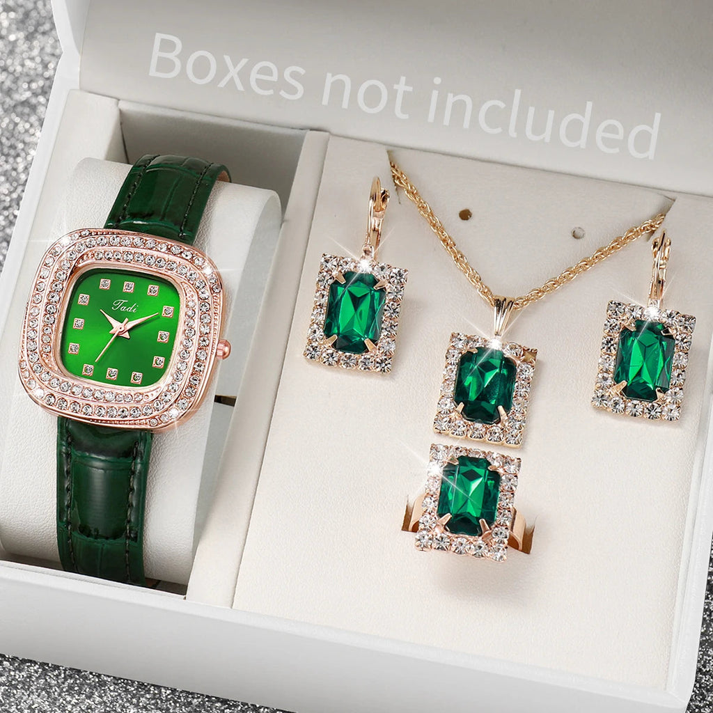 Fashion Full Diamond Square Women's Watch Leather Strap Quartz Watch Luxury Green Diamond Jewelry Set  (without box) Jewelry Precision