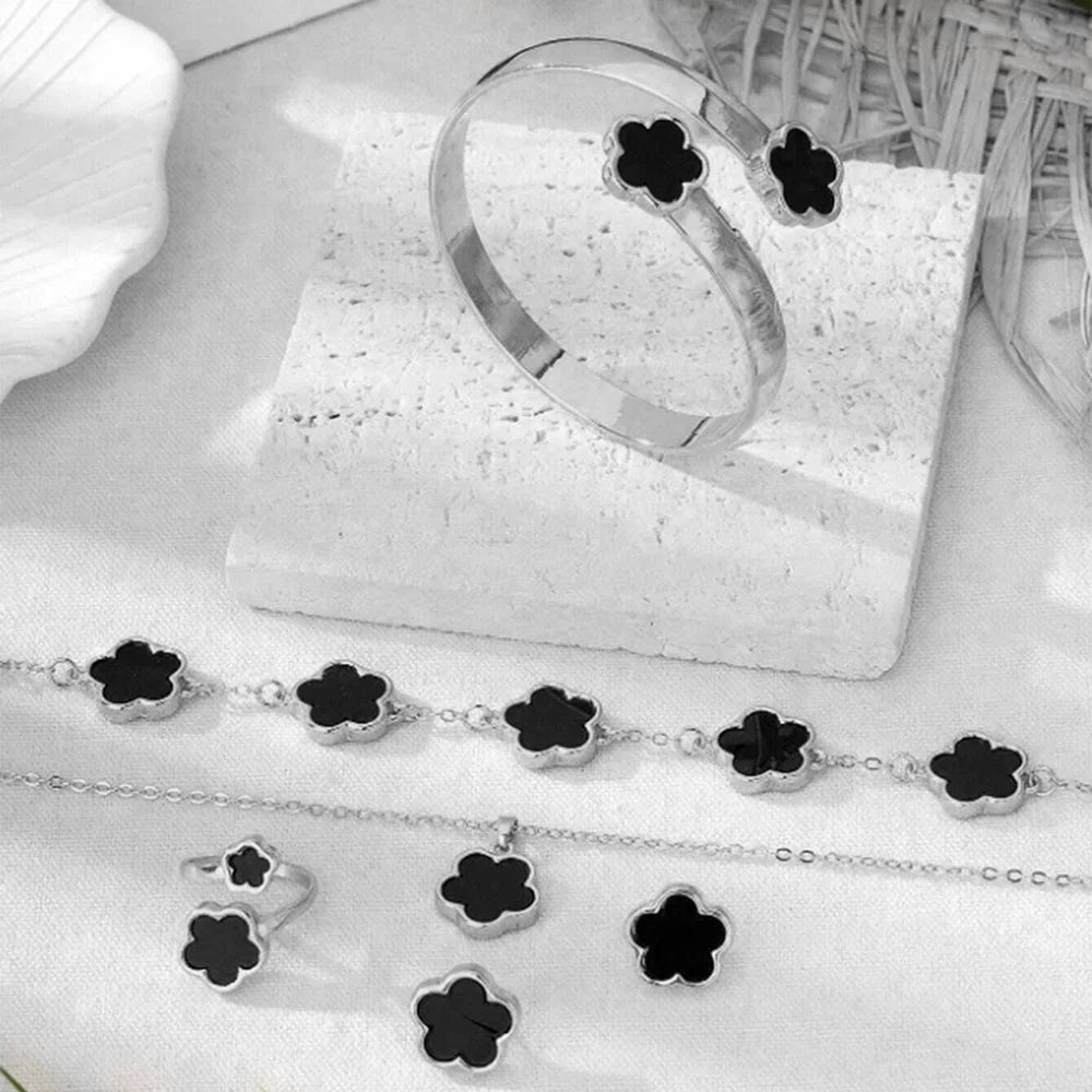 5pcs Lucky Five-petal Flower Women's Jewelry Set, Fashion Flower Bracelet + Necklace + Earrings + Bracelet + Ring, Birthday, Ann Jewelry Precision