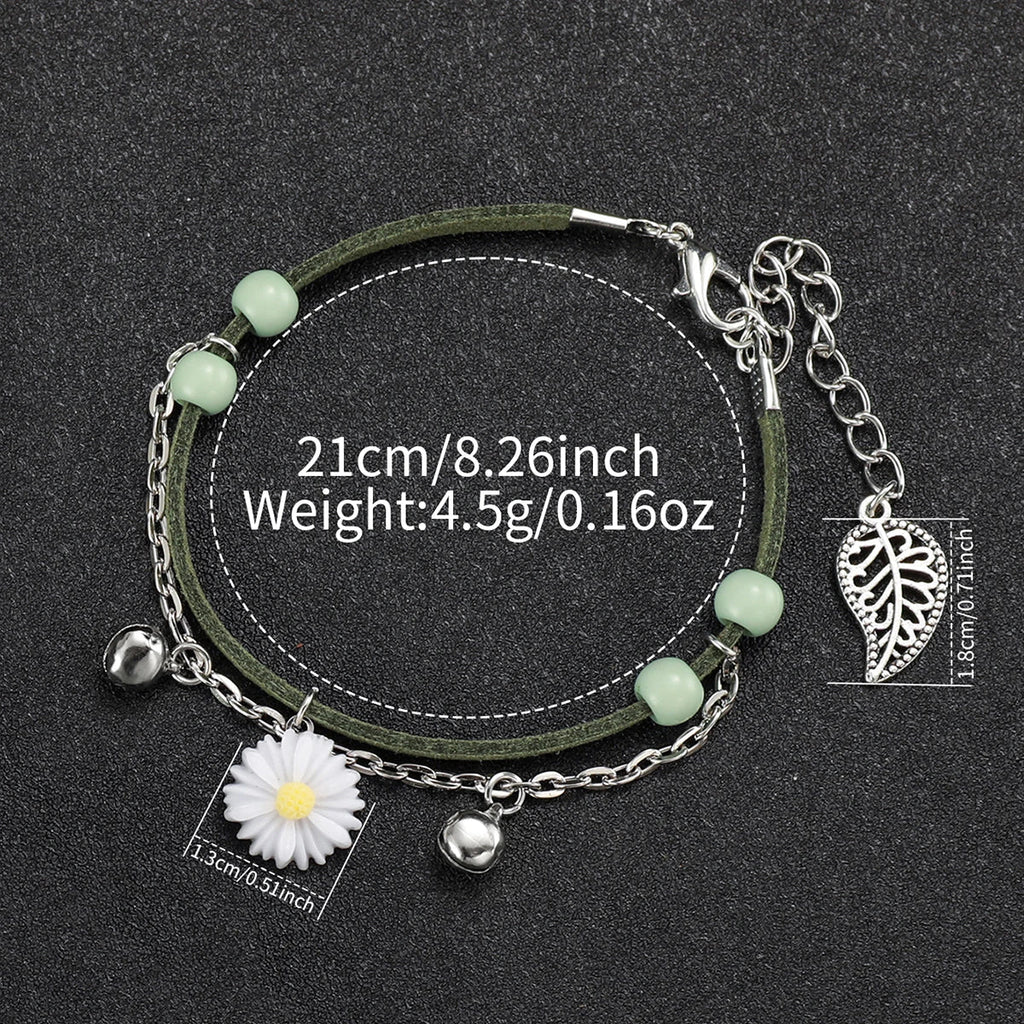 4PCS/Set  Fashion Green PU Leather Strap Flower Quartz Watch with  Bracelet (Box not Included) Jewelry Precision