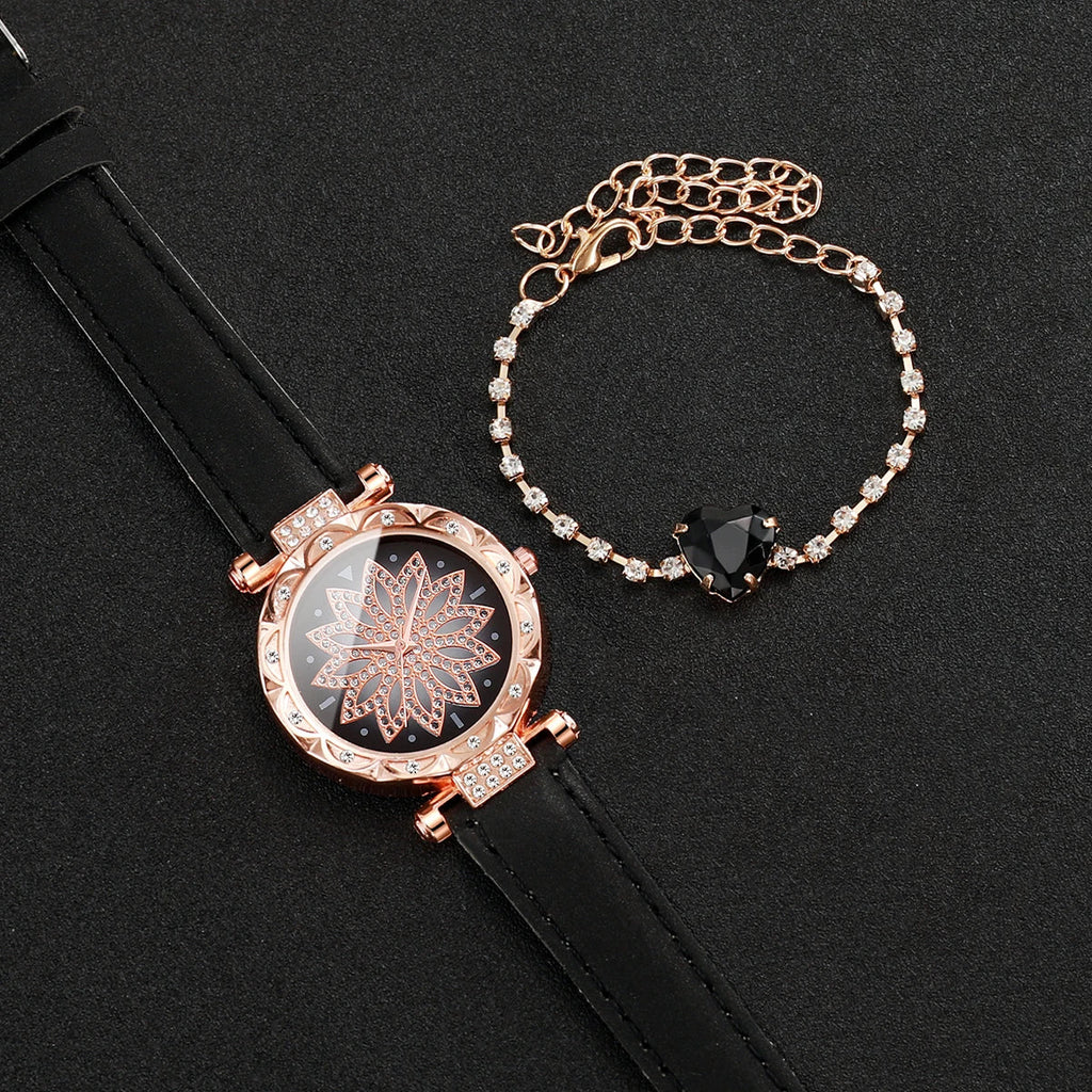 2PCS/Set Women's Watch Fashion Flower Dial Leather Band Quartz Watches Heart Bracelet Set（Without Box） Jewelry Precision
