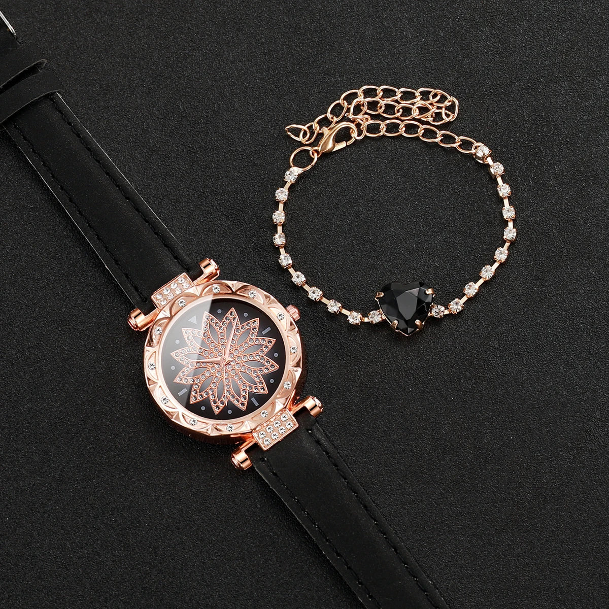 2PCS/Set Women's Watch Fashion Flower Dial Leather Band Quartz Watches Heart Bracelet Set（Without Box） Jewelry Precision