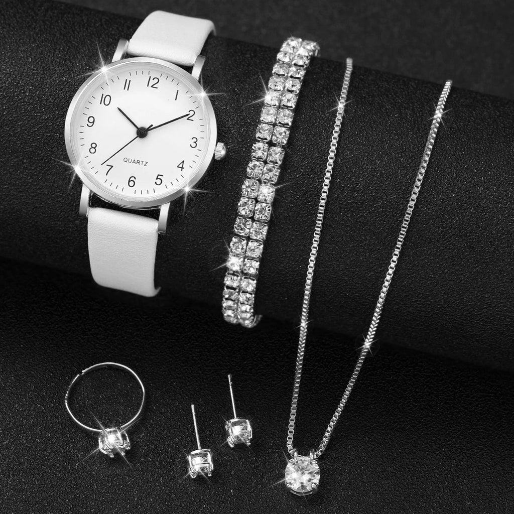 5PCS/Set Fashion Small Dial Women Watches Diamond Jewelry Set Casual Female Leather Band Quartz Wrist Watch（Without Box） Jewelry Precision