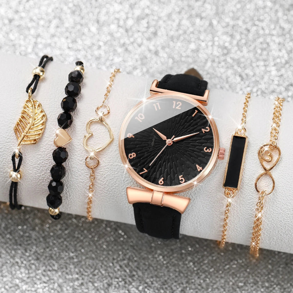 6pcs/set Women Watches Heart Leaf Bracelets Set Fashion Leather Band Ladies Quartz Watch（Without Box） Jewelry Precision