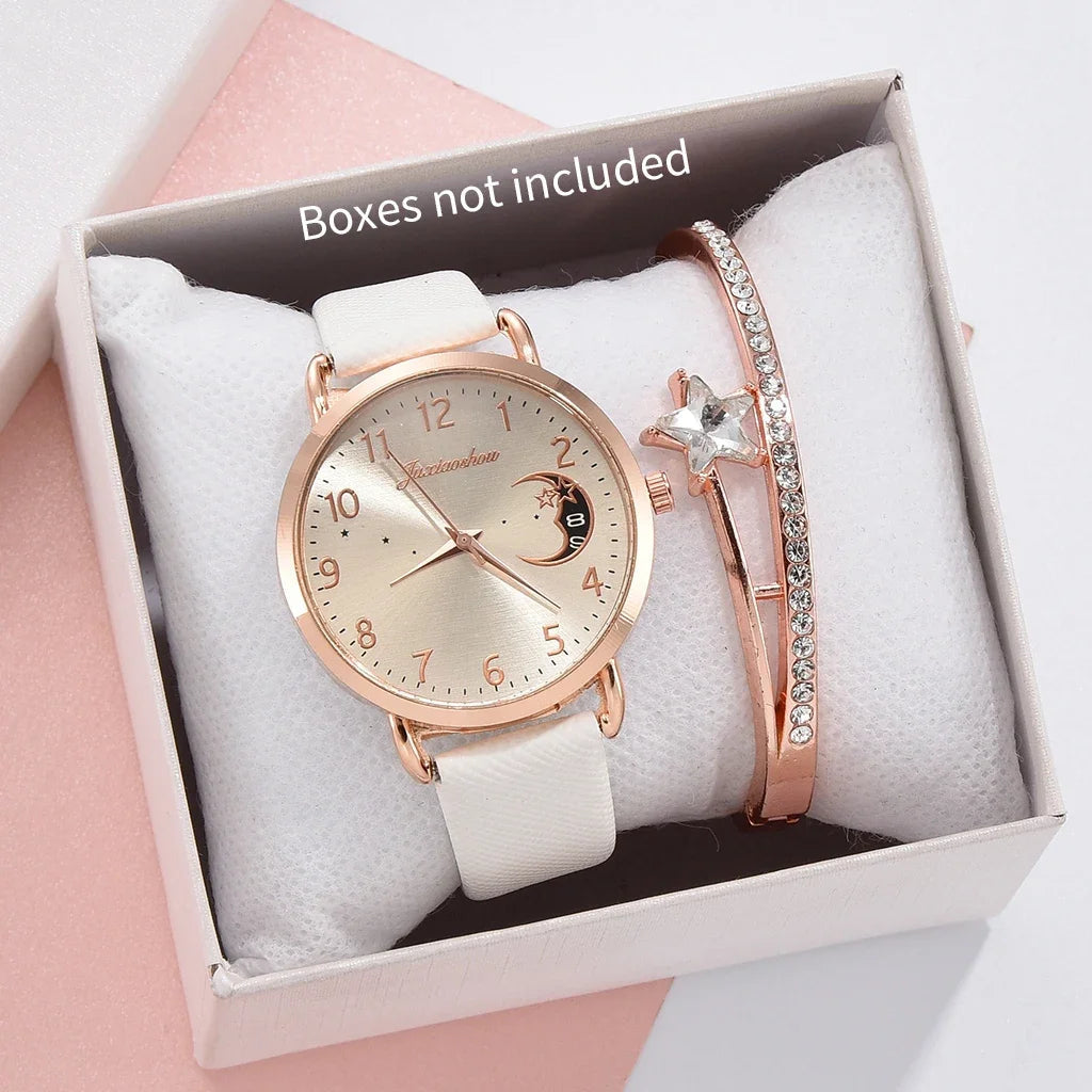 2PCS Fashion Moon Dial Women Quartz Watch Bracelet Set Casual Leather Strap Ladies Wristwatch Reloj Mujer（Without Box） Jewelry Precision