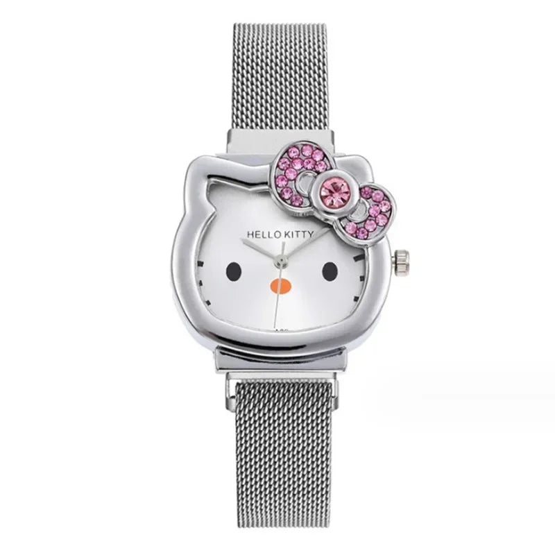 Hello Kitty Bow Diamond Watch Sanrio Anime Fashionable Quartz Watches Cute Cartoon Magnet Watches Girls Birthday Gifts Jewelry Precision