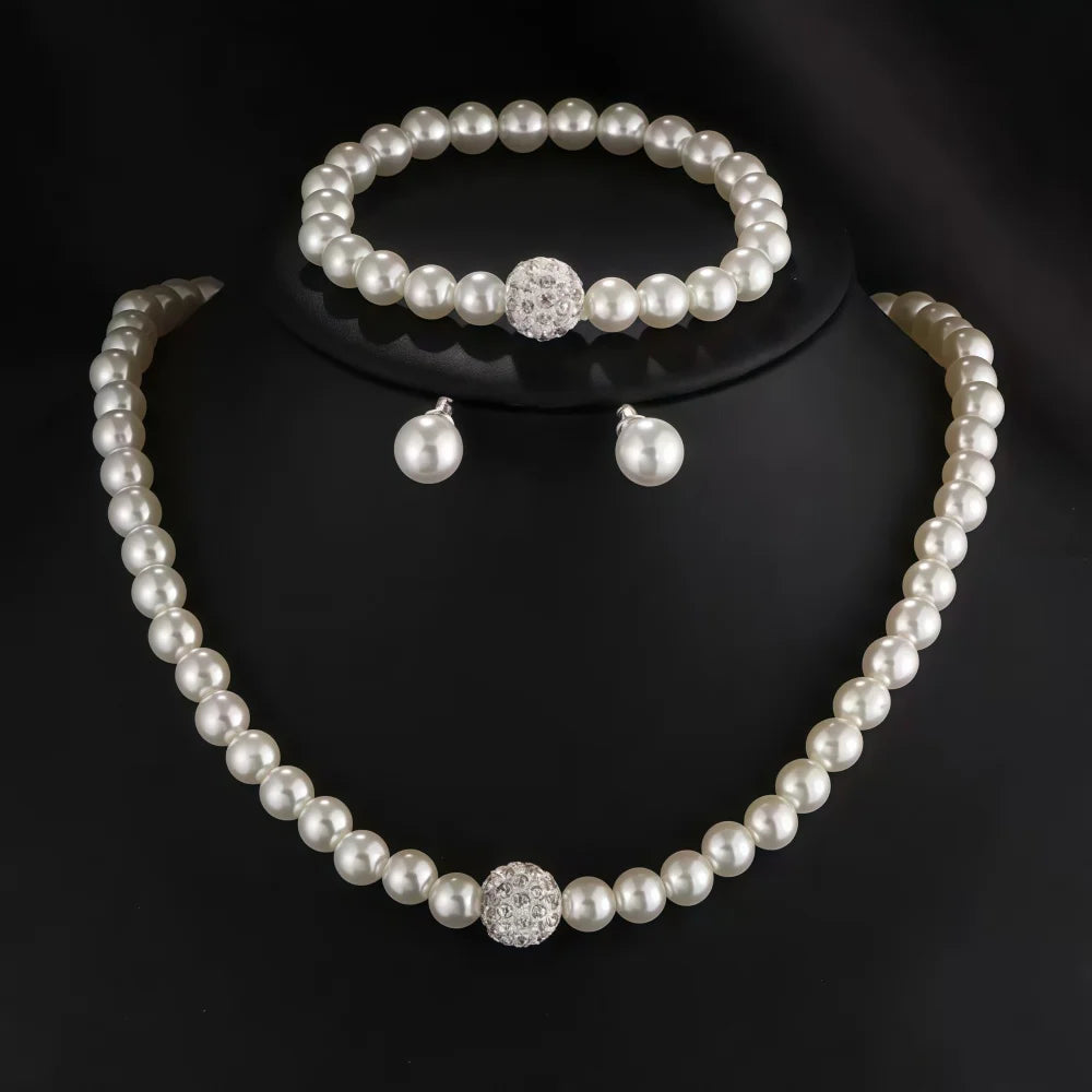 3 PCS Imitation Pearl Fireball Necklace Bracelet Earring Stud Jewelry Set Silver Color Crystal Stone Elegant Bridal Jewelry Gift Jewelry Precision