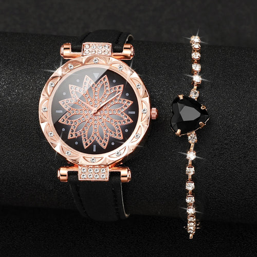 2PCS/Set Women's Watch Fashion Flower Dial Leather Band Quartz Watches Heart Bracelet Set（Without Box） Jewelry Precision
