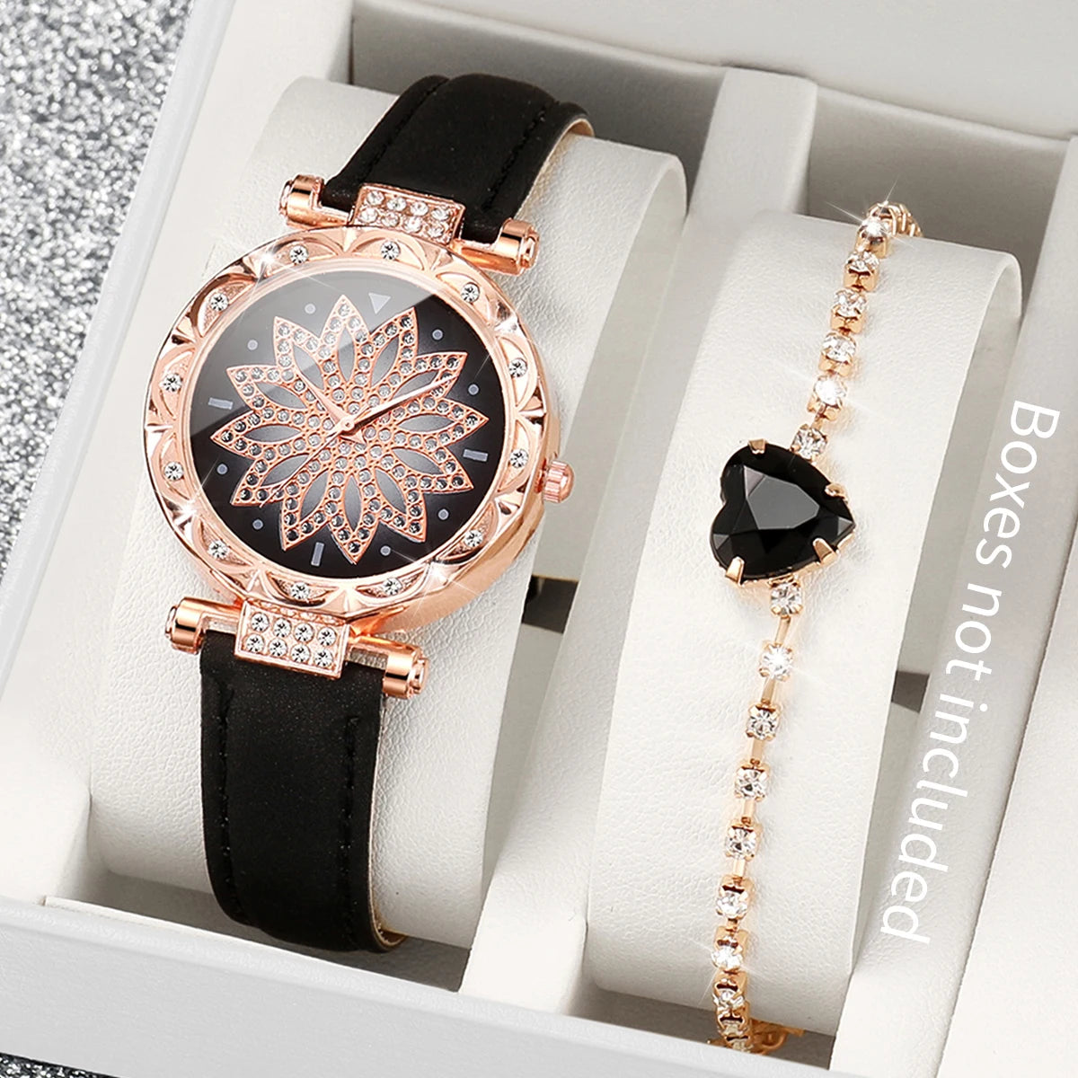 2PCS/Set Women's Watch Fashion Flower Dial Leather Band Quartz Watches Heart Bracelet Set（Without Box） Jewelry Precision
