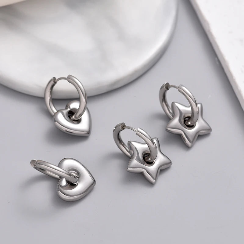 Classic Stainless Steel Heart Star Hoop Earrings For Women Punk Hip Hop Jewelry Precision