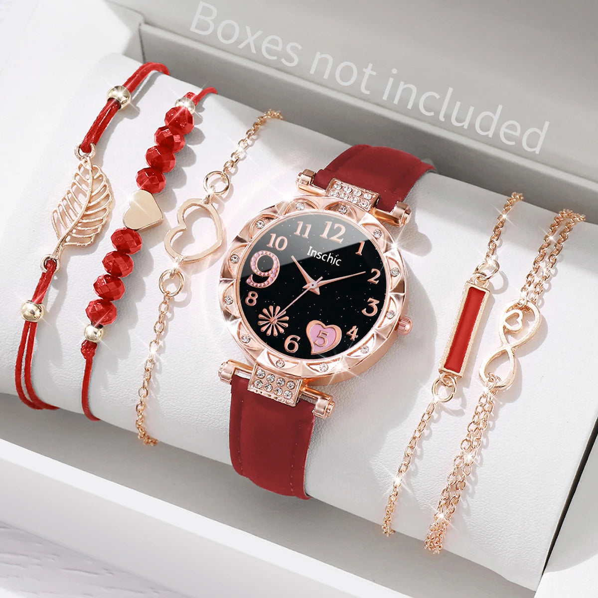 6PCS/Set Fashion Heart Dial Women's Watch Casual Leather Band Analog Quartz Watch Leaf Bracelets Set（Without Box） Jewelry Precision