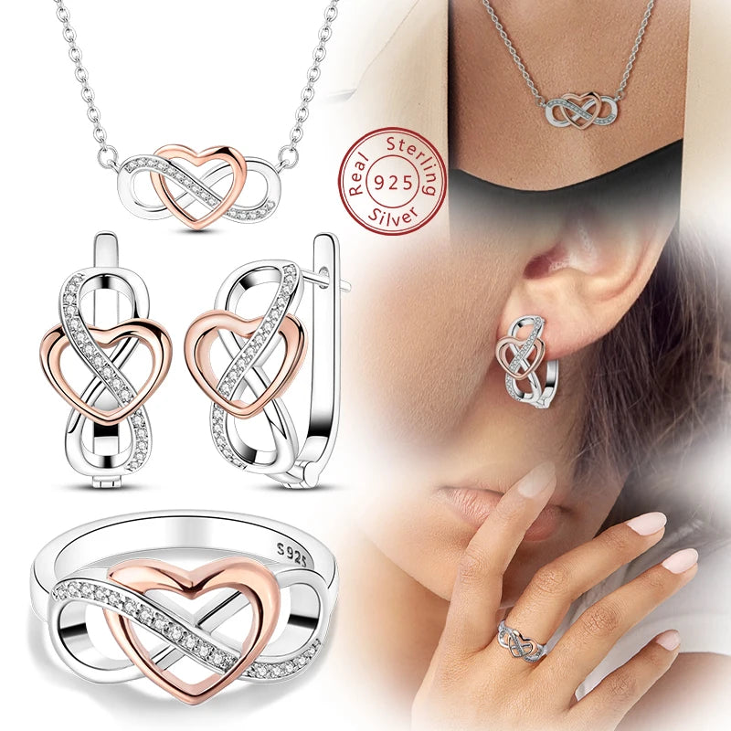 Original 925 Sterling Silver Earrings Ring Necklace Eternal Love Set For Women's Light Luxury Fashion Jewelry Gift Making Jewelry Precision