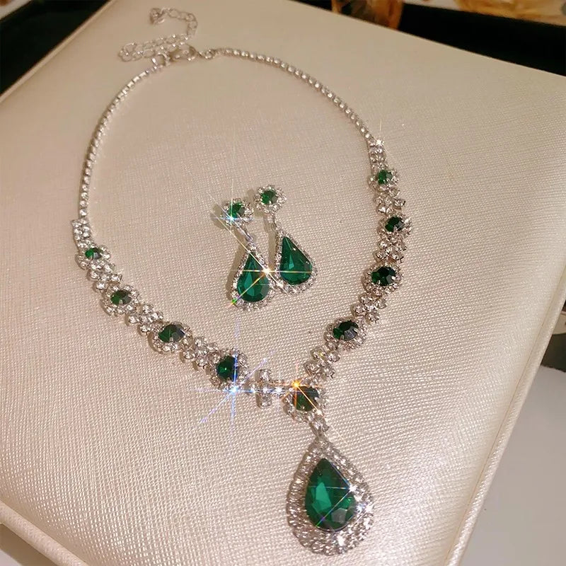 Inlaid Red Rhinestone Necklace Earring Set For Women Light Luxury Water Drop Choker Necklace Bridal Wedding Party Jewelry Sets Jewelry Precision