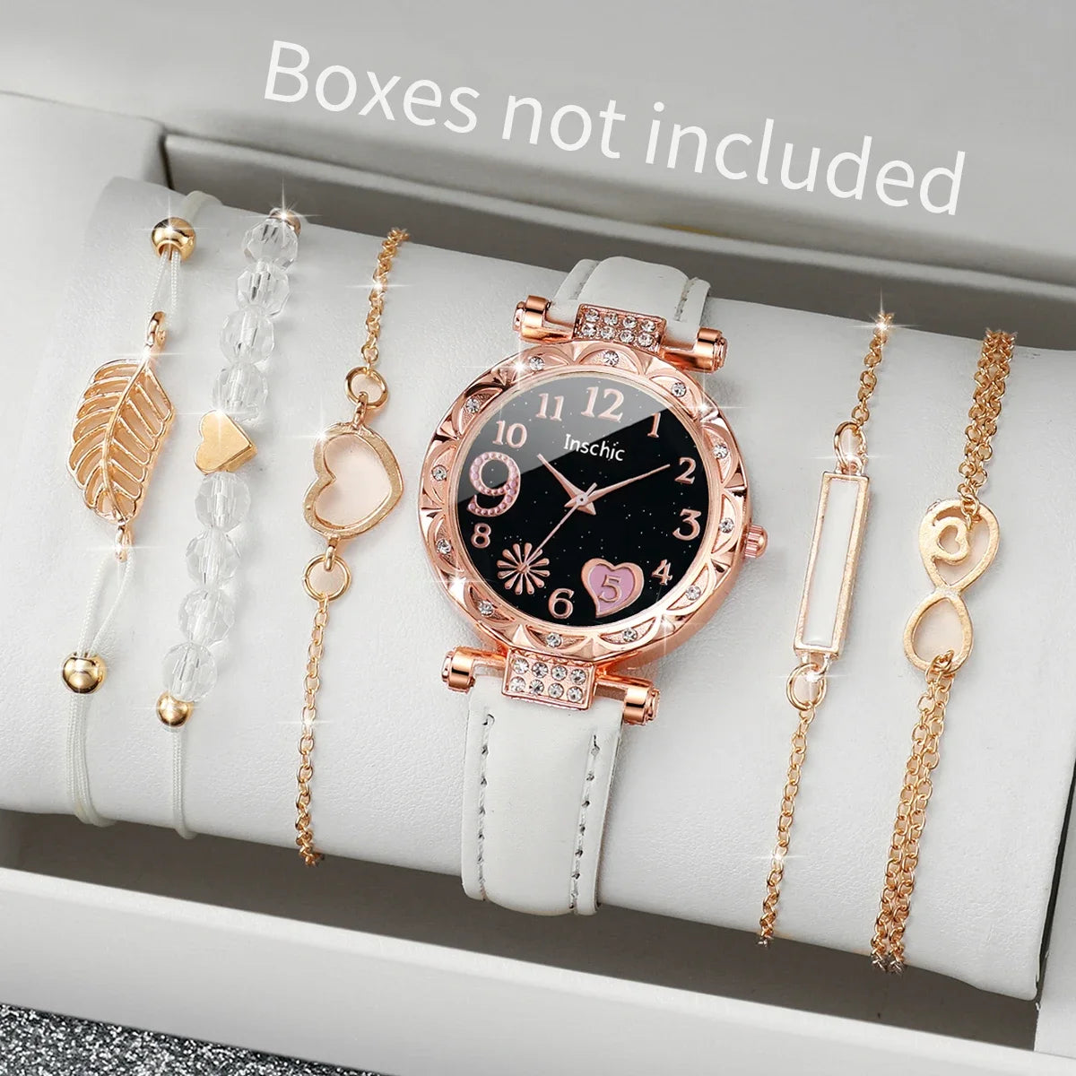 6PCS/Set Fashion Heart Dial Women's Watch Casual Leather Band Analog Quartz Watch Leaf Bracelets Set（Without Box） Jewelry Precision