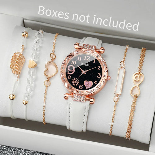 6PCS/Set Fashion Heart Dial Women's Watch Casual Leather Band Analog Quartz Watch Leaf Bracelets Set（Without Box） Jewelry Precision