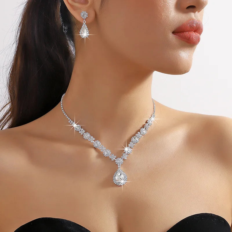 3 pieces of women's crystal droplet necklace with earrings set for wedding evening dress accessories Jewelry Precision