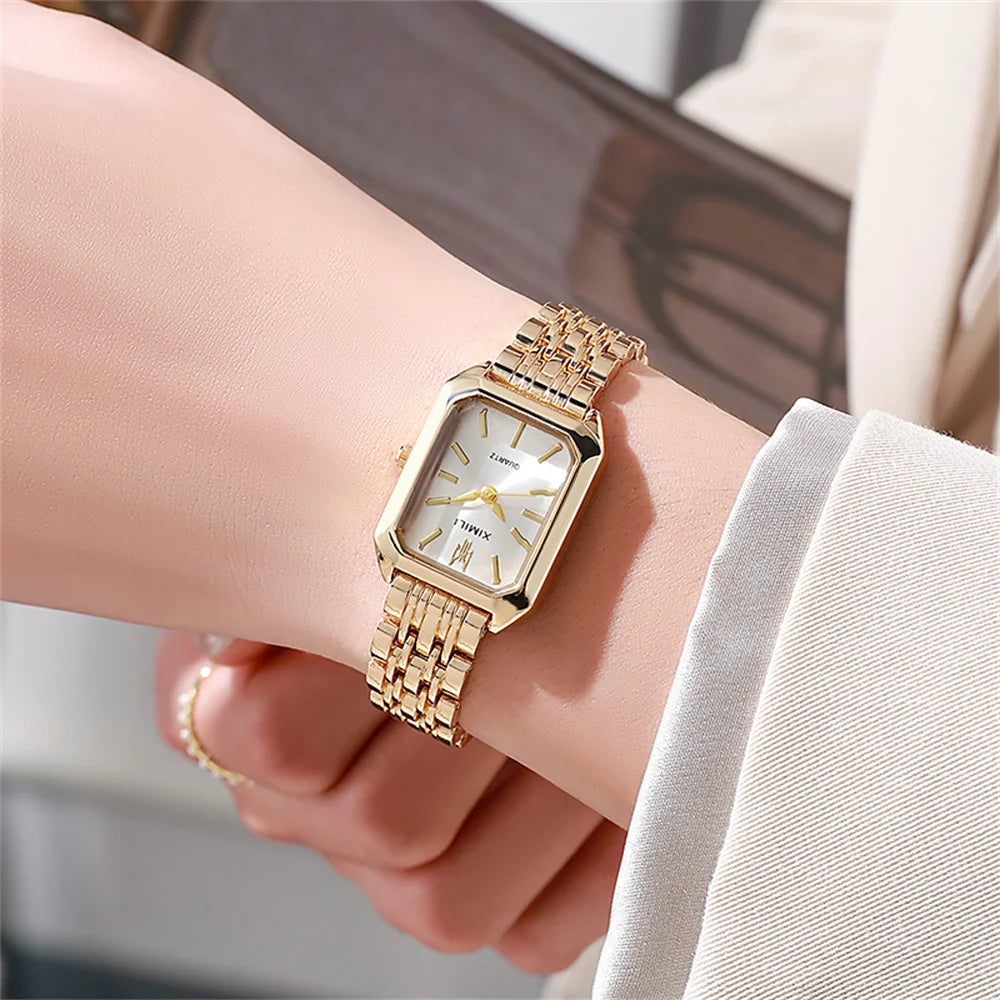 Luxury Ladies Fashion Quartz Watch Simple Scale Square Quality Gold Plated Women Watches Business Stainless Steel Folding Clock Jewelry Precision
