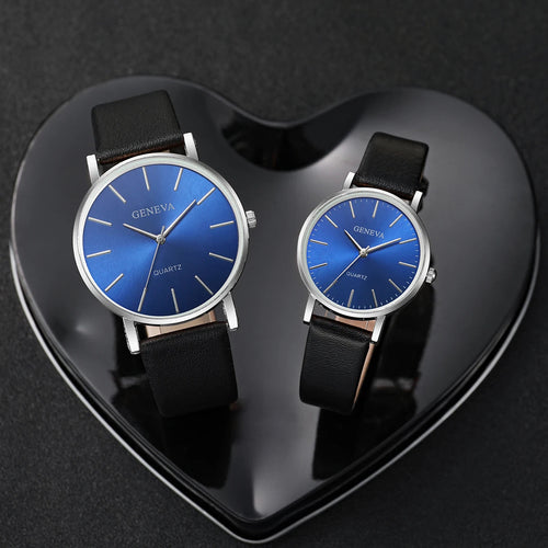 2PCS Couple's Watches Fashion Blue Dial Women Quartz Watch Men Leather Band Wristwatches Jewelry Precision