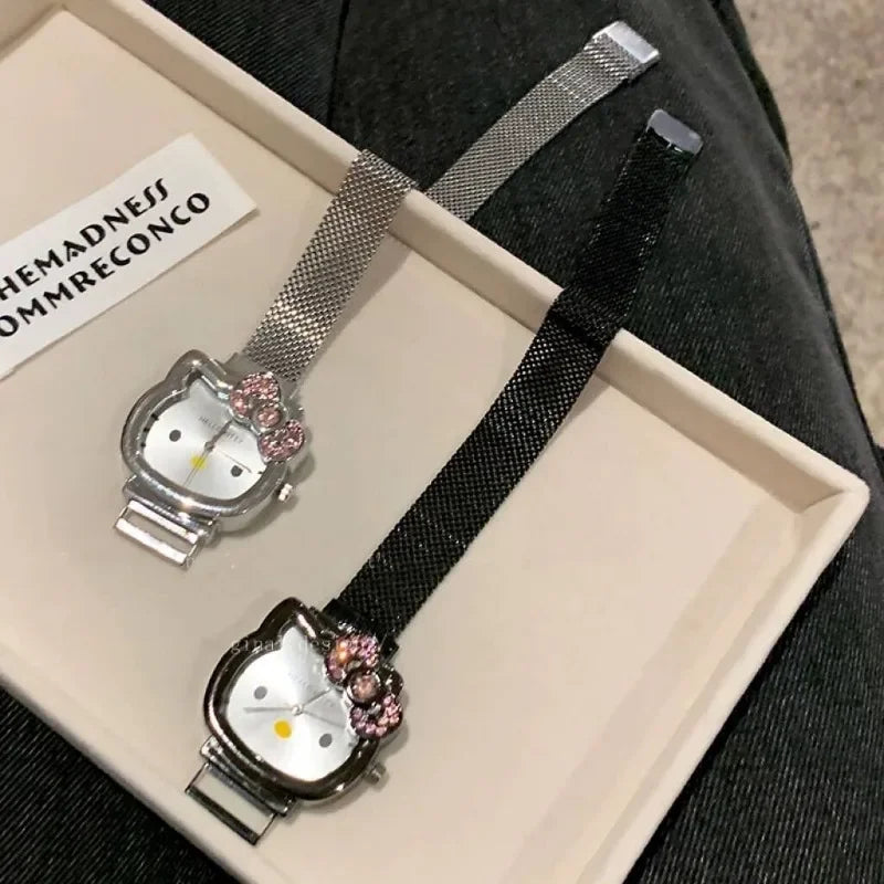 Hello Kitty Bow Diamond Watch Sanrio Anime Fashionable Quartz Watches Cute Cartoon Magnet Watches Girls Birthday Gifts Jewelry Precision