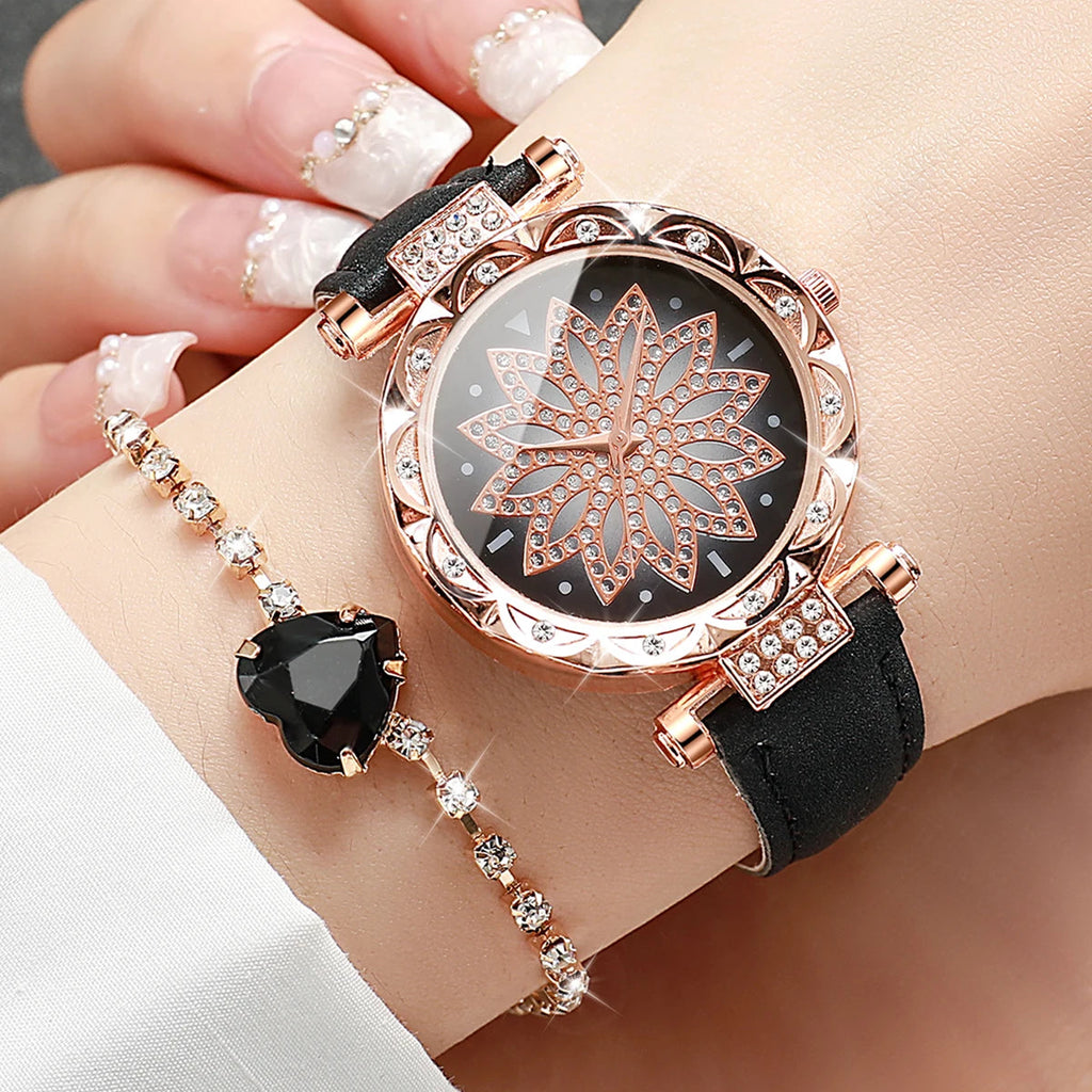 2PCS/Set Women's Watch Fashion Flower Dial Leather Band Quartz Watches Heart Bracelet Set（Without Box） Jewelry Precision