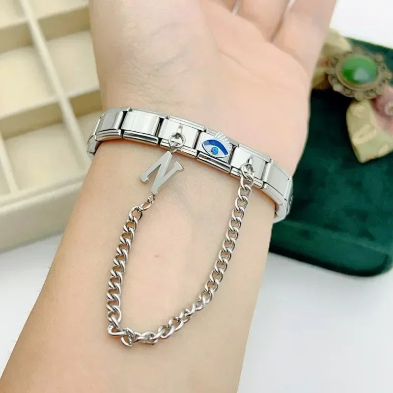 Fashion Chain Letter Elastic Charm Italian Links Fit 9mm Stainless Steel Modular Bracelet Making Women DIY Jewelry Jewelry Precision