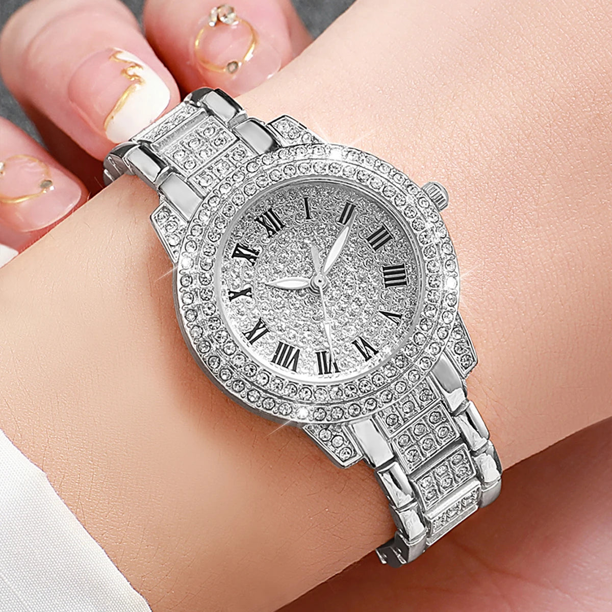 3PCS Women Watches Fashion Full Rhinestone Quartz Watch Stainless Steel Band Wristwatches（Without Box） Jewelry Precision